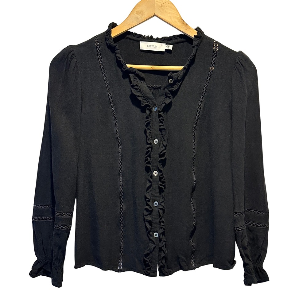 Anthropologie Greylin Blouse Womens XS Black Ruffle Romantic Feminine Linen